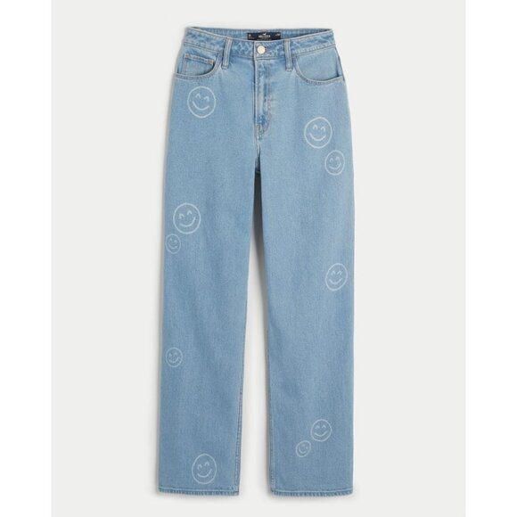 Hollister Sz. 25 New Ultra High-Rise Medium Wash Smiley Print Dad Jeans - Picture 5 of 16